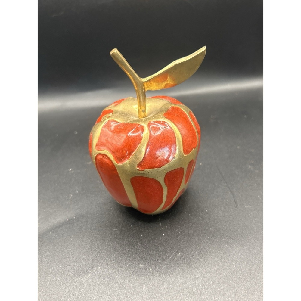 Vintage Enameled Brass Red Apple with Stem Fruit Paperweight - Picture 1 of 3